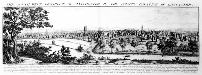 Die Südwestansicht von Manchester in der Grafschaft Palatine von Lancaster, 1728
